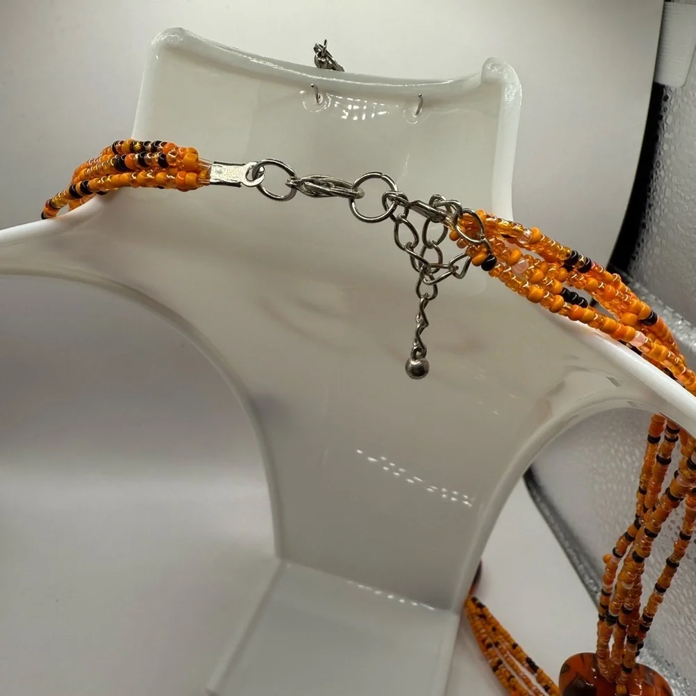 Orange & Black Beaded Necklace with Hearts & matching Earrings lot (2)